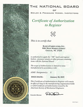 Ramco Fabricators National Board certificate of authorization to register