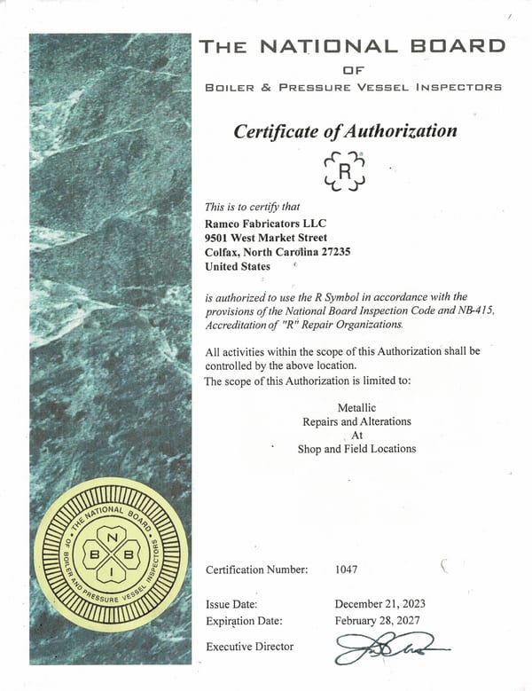 Ramco Fabricators National Board R stamp certificate of authorization, valid through February 2027