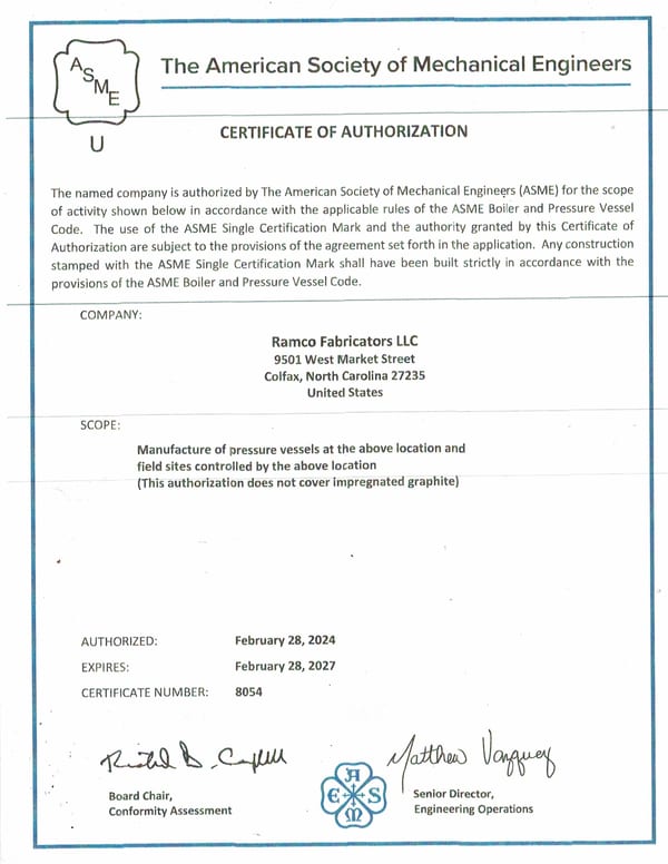 Ramco Fabricators ASME U stamp certificate of authorization, valid through February 2027